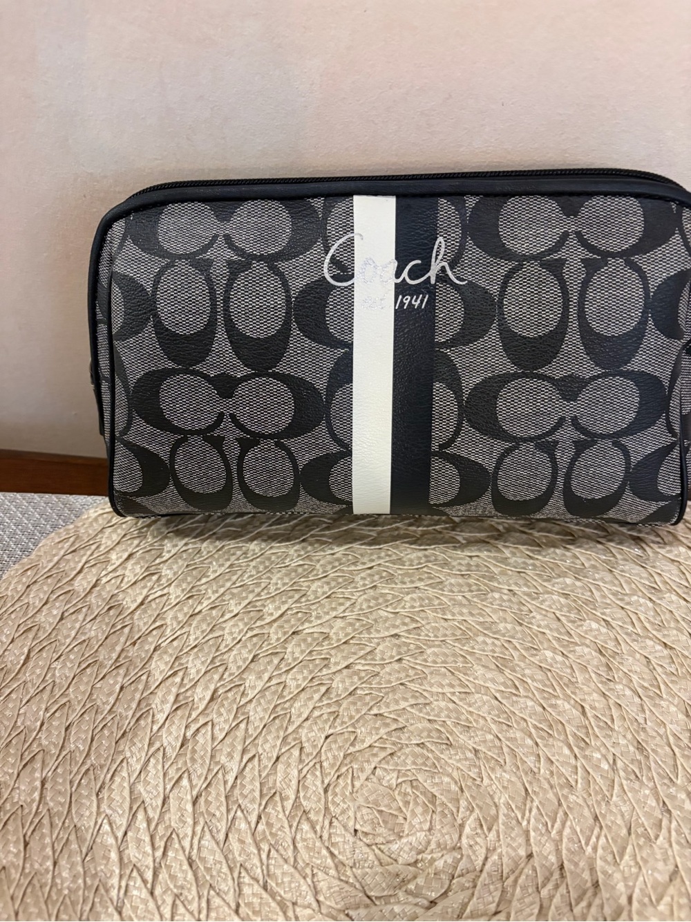 Coach Signature Canvas Toiletry Pouch in Black and White Stripe - Cosmetic Bag